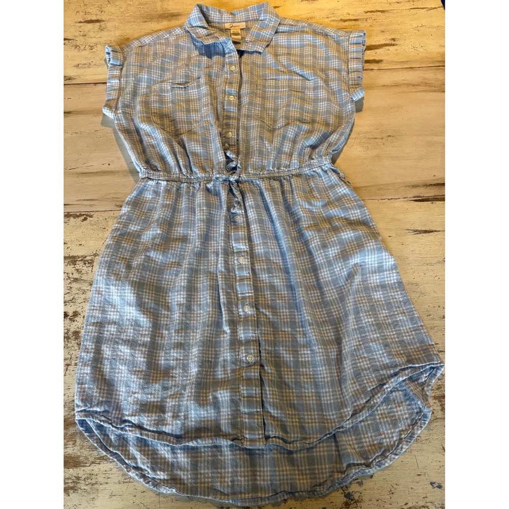 Japna shirt dress women L blue cotton plaid button down cap sleeve high low hem